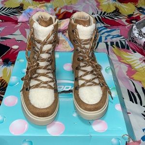 Fashion Nova tan faux fur combat boot. Brand new!